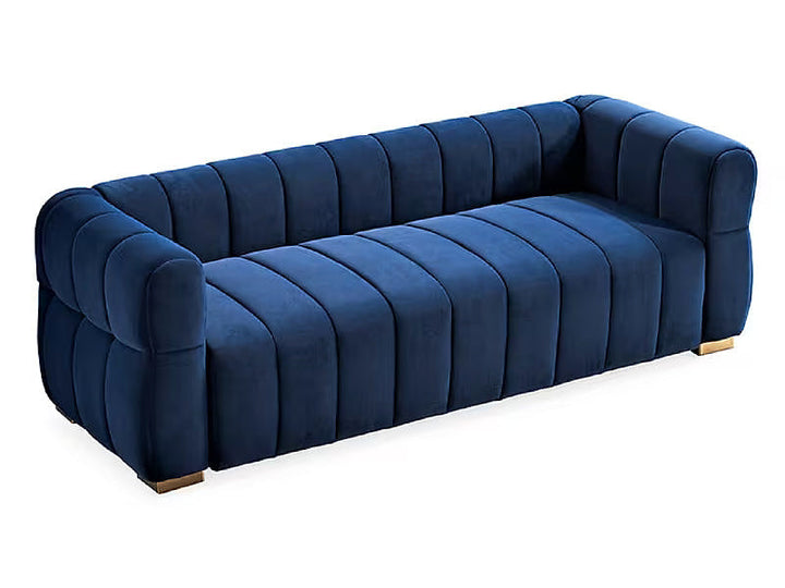 Soren blue velvet sofa, elevated angled view