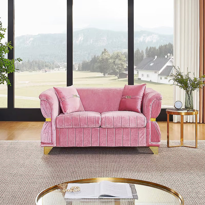 Aurelia pink velvet loveseat, front room view
