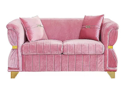 Aurelia pink loveseat with two accent pillows, front view