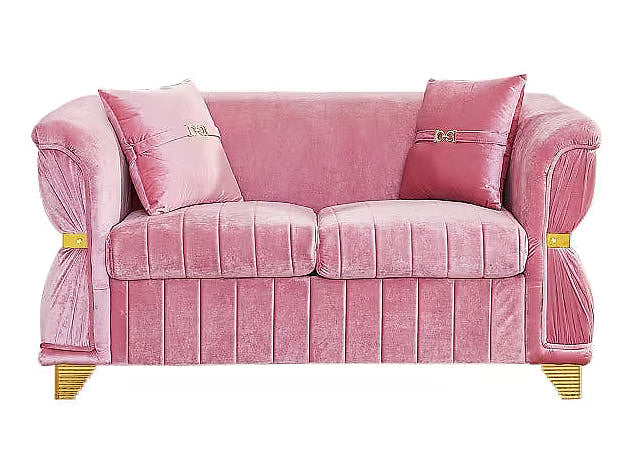 Aurelia pink loveseat with two accent pillows, front view