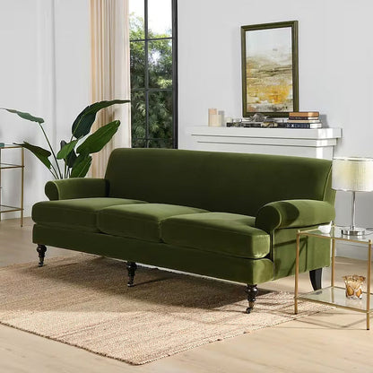 Alana olive green velvet sofa with rolled arms and three seat cushions