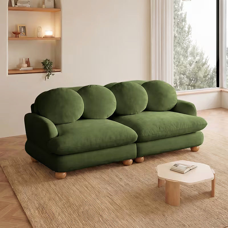 Clover green chenille loveseat with four round pillows