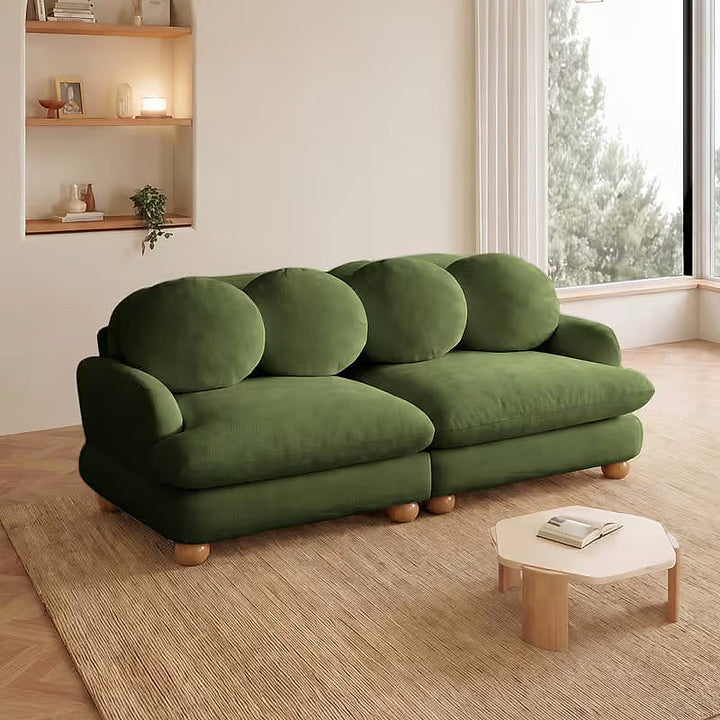 Clover green chenille loveseat with four round pillows