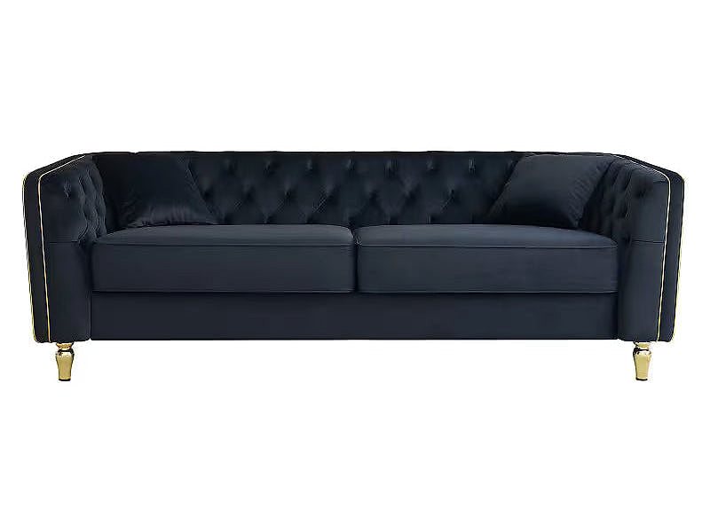 Lucien black tufted sofa with two pillows, front view