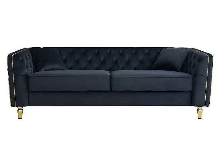 Lucien black tufted sofa with two pillows, front view