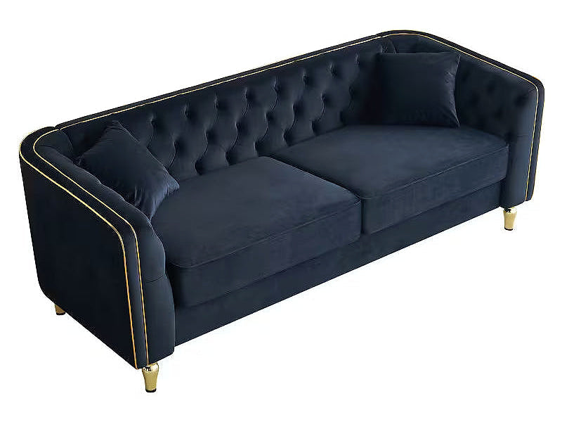 Lucien black tufted sofa, elevated angled view