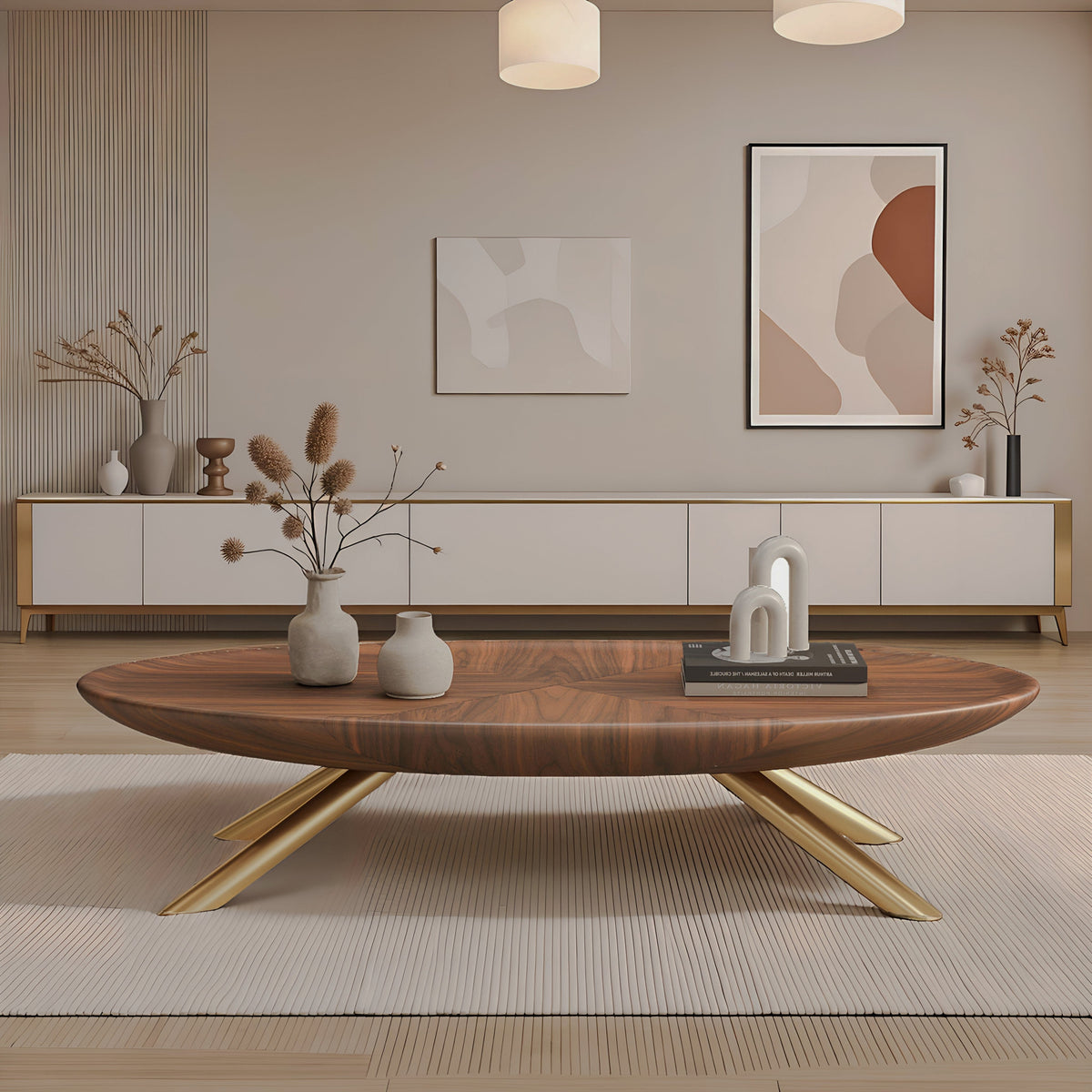 Wood-Look Oval Coffee Table with Crossed Gold-Tone Legs