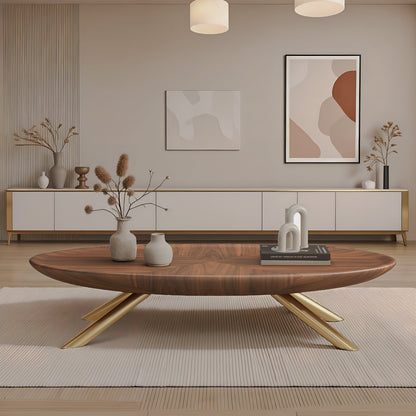 Wood-Look Oval Coffee Table with Crossed Gold-Tone Legs