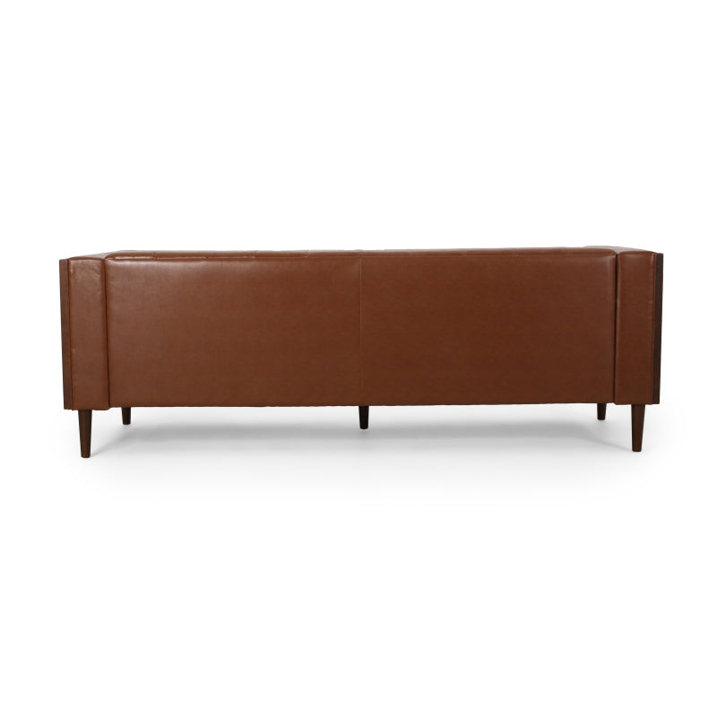 Cognac Button-Tufted Sofa with Bolster Pillows — rear product view.