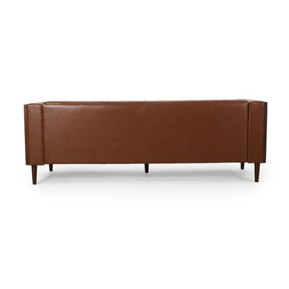 Cognac Button-Tufted Sofa with Bolster Pillows — rear product view.