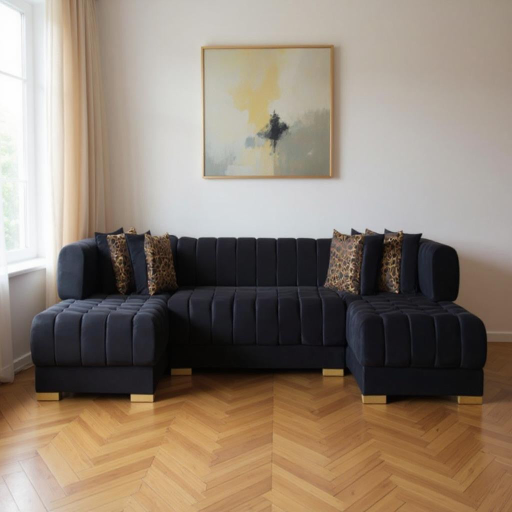 Black Velvet U Shaped Three Piece Sofa and Chaise Sectional With Toss Pillows - 643884