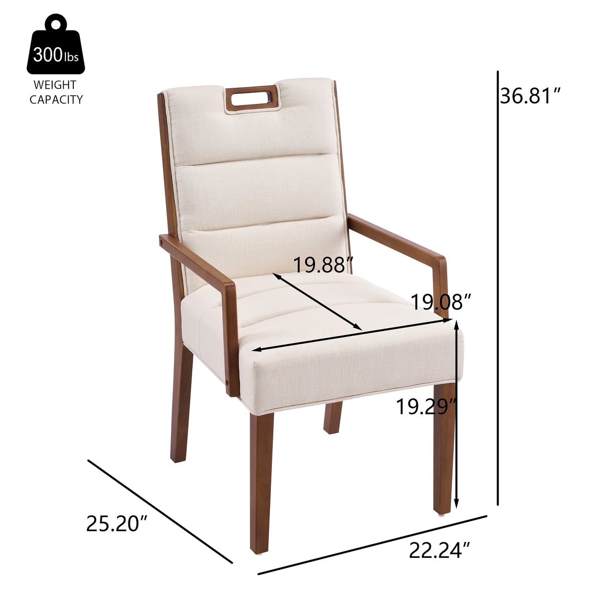 Walnut finish beige upholstered dining armchair with a rubberwood frame — dimension diagram