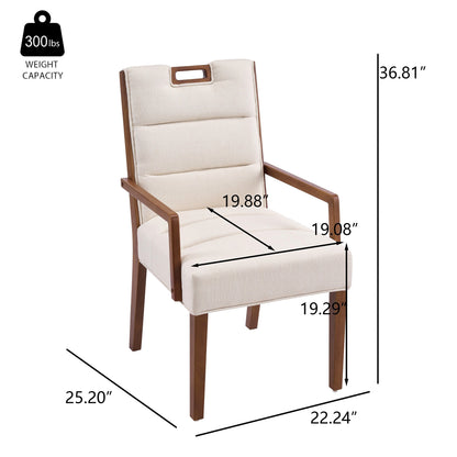 Walnut finish beige upholstered dining armchair with a rubberwood frame — dimension diagram
