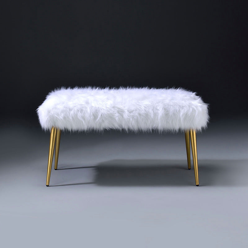 White Faux-Fur Bench with Gold-Tone Legs