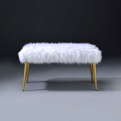 White Faux-Fur Bench with Gold-Tone Legs