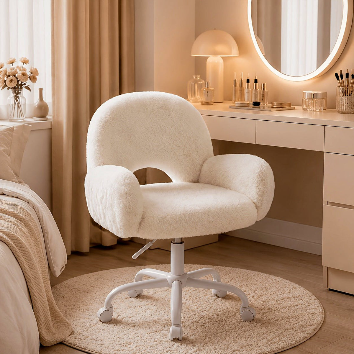 White plush swivel vanity chair with rounded back, padded arms and white caster base beside a makeup table