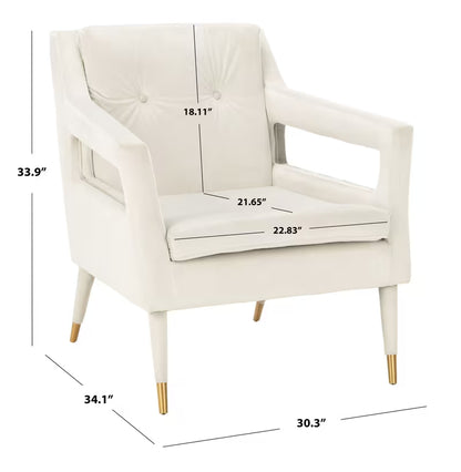 Mara Tufted Accent Chair with Gold-Tone Leg Caps — pale silver chair dimensions diagram