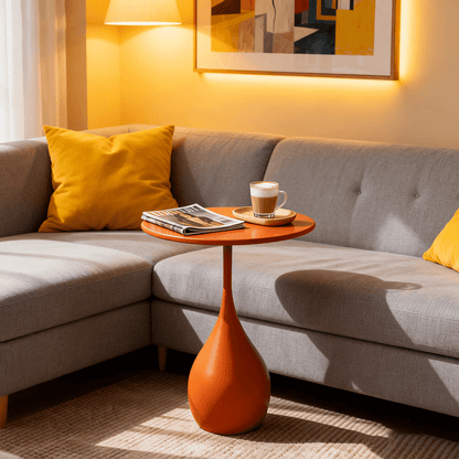 Orange table by sectional sofa