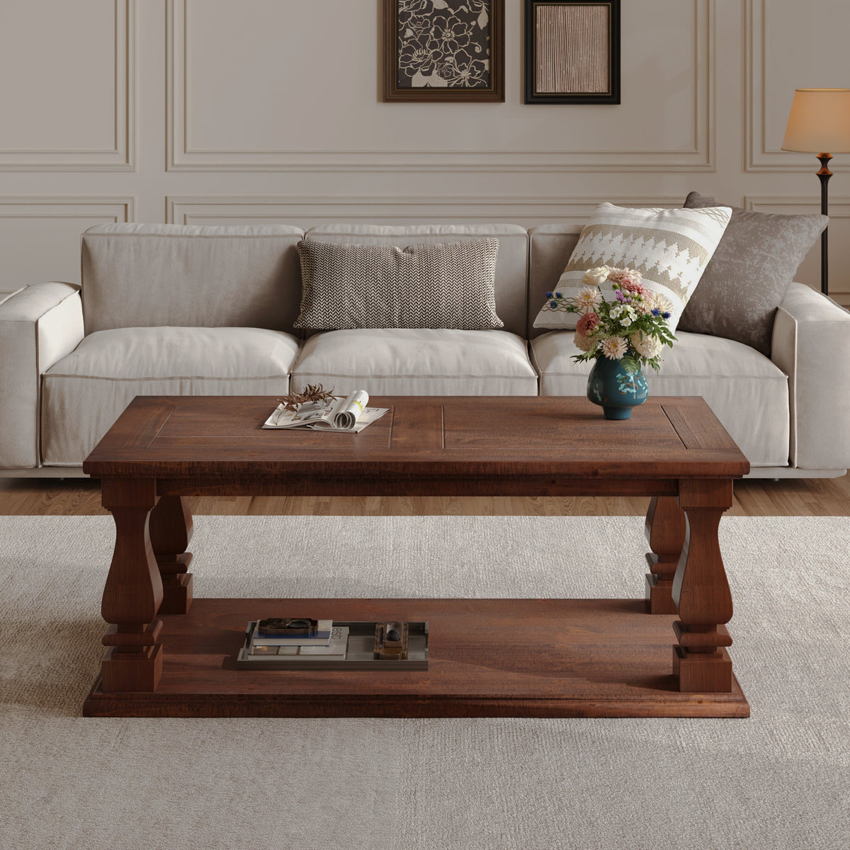 Front view of the walnut-brown coffee table and open lower shelf