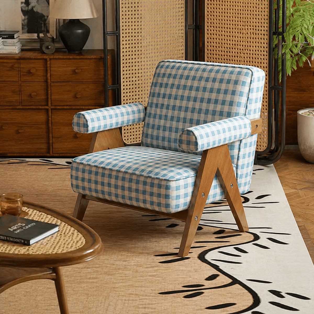 Patterned Accent Chair with Rubberwood Frame — blue gingham chair in a living room