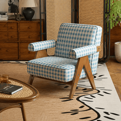 Patterned Accent Chair with Rubberwood Frame — blue gingham chair in a living room