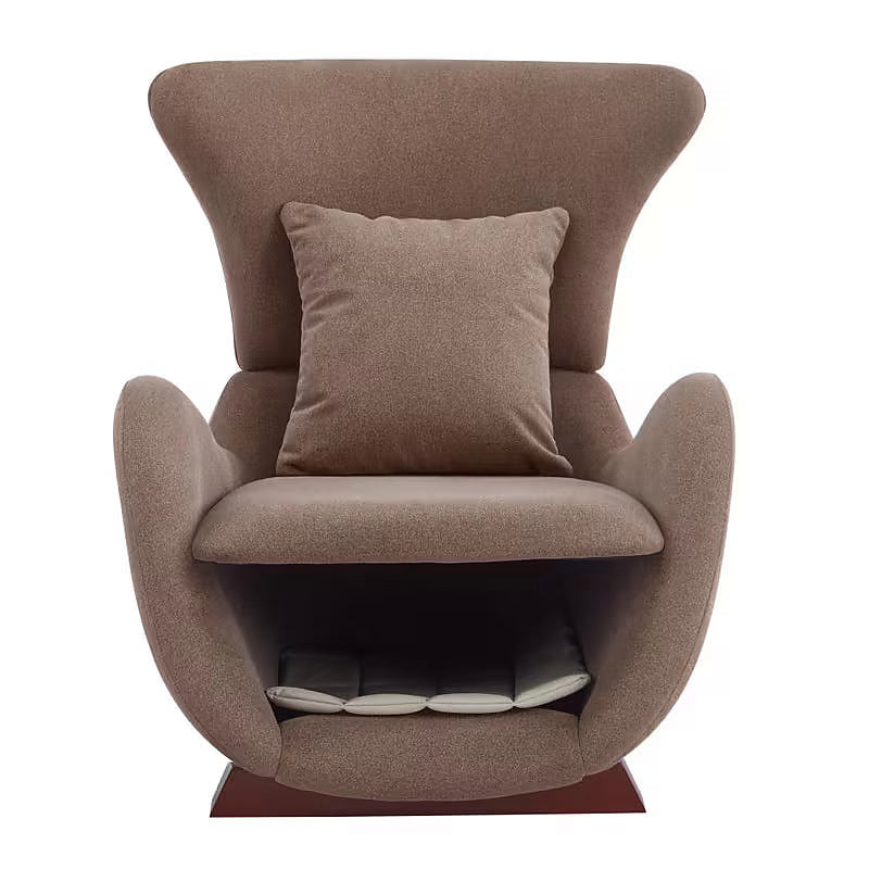 Brown sculptural upholstered accent chair with a curved wood frame and lower storage nook