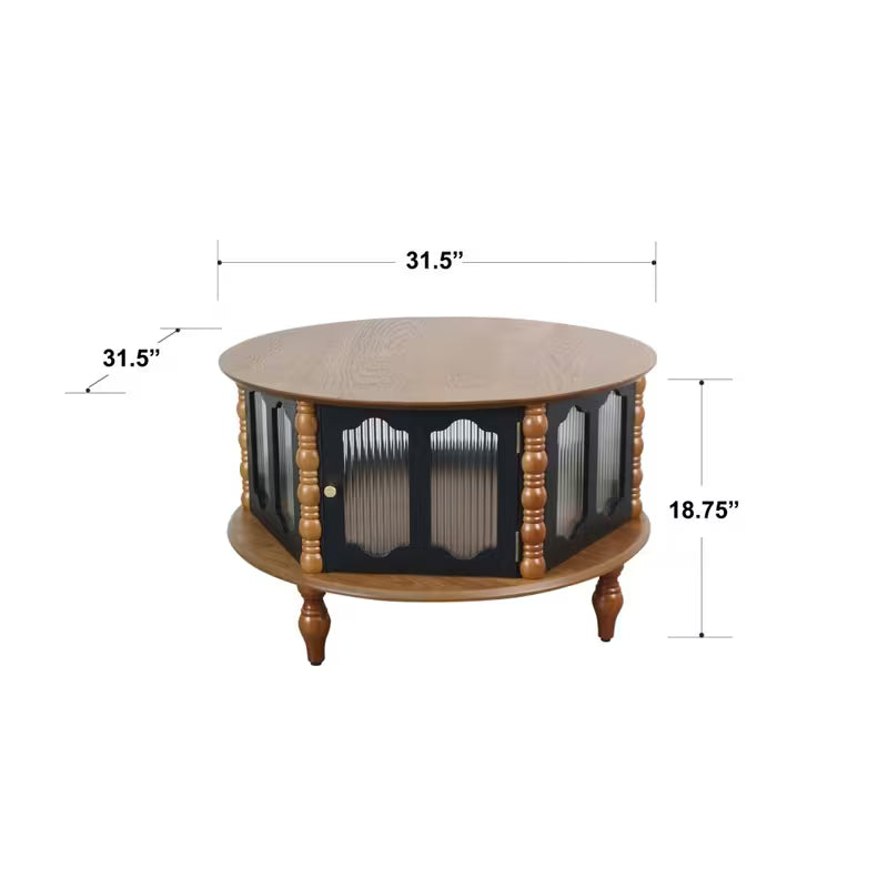 Dimension diagram of the round storage coffee table showing 31.5-inch diameter and 18.75-inch height