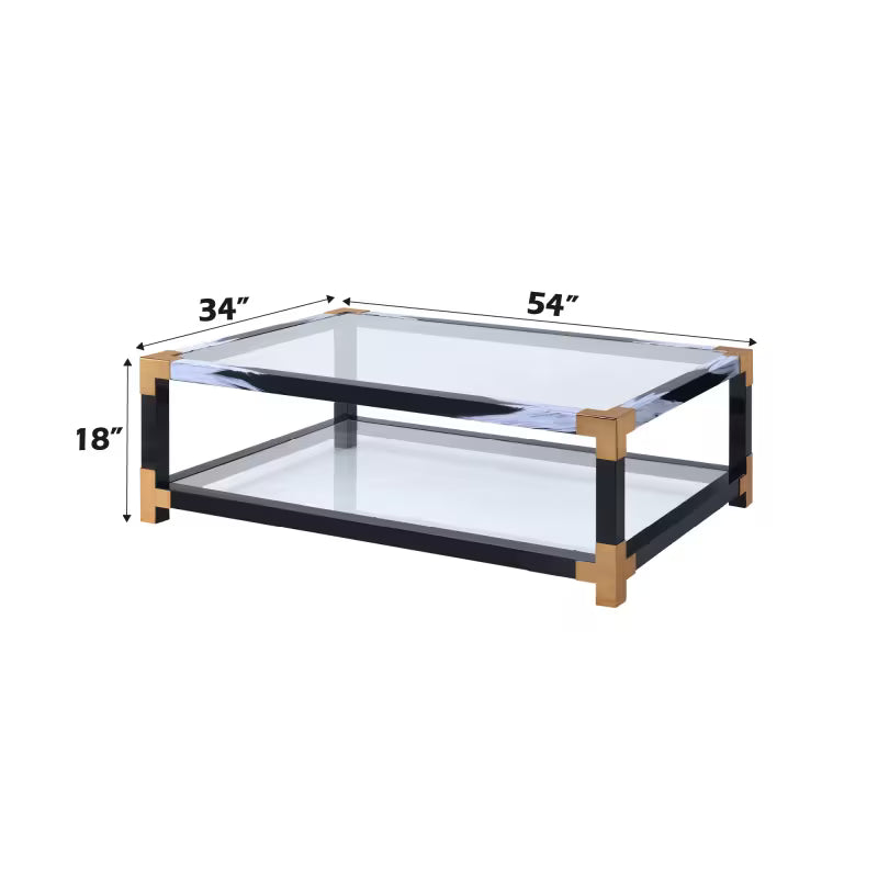 Dimension diagram showing the glass coffee table at 54 by 34 by 18 inches