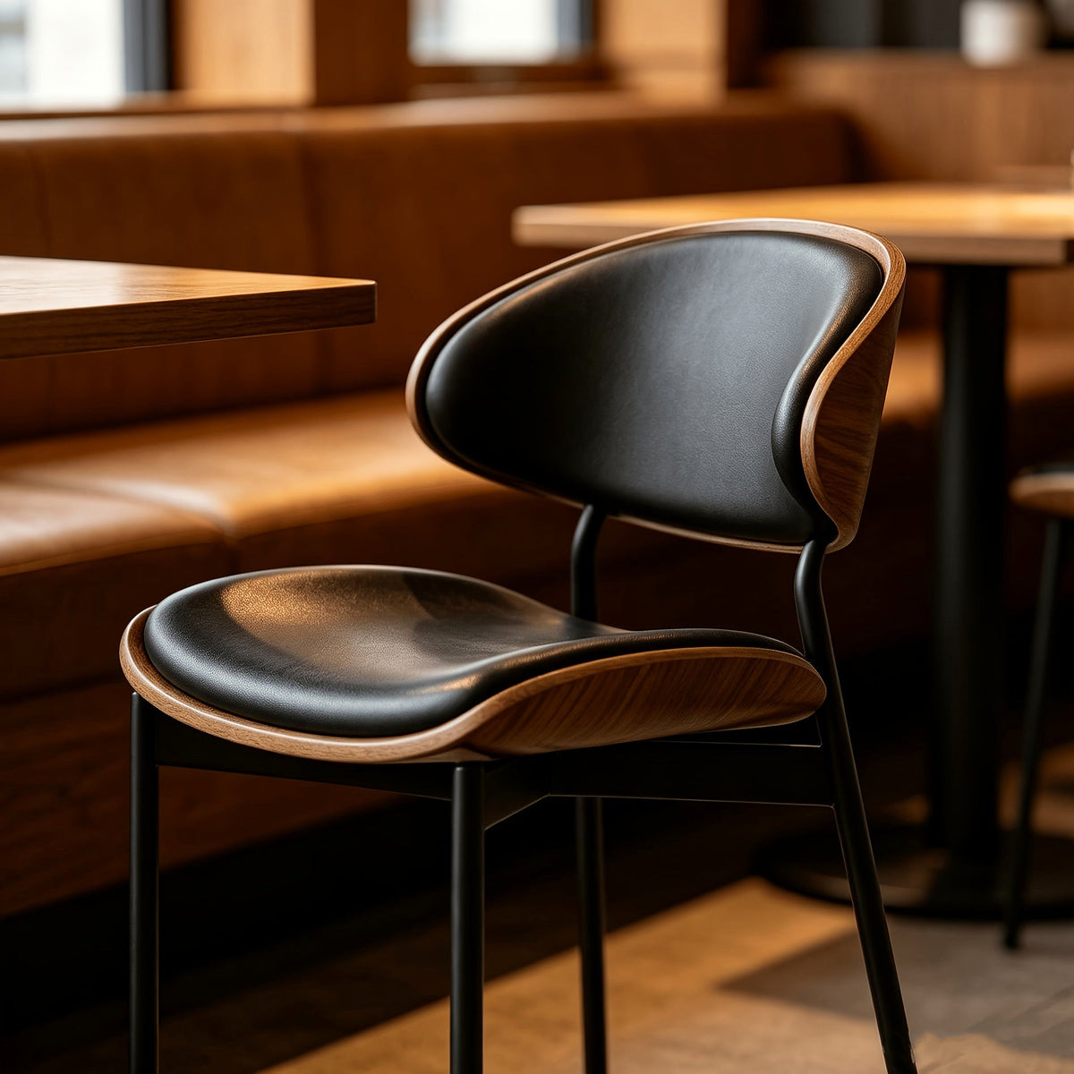 Black bentwood faux leather dining chair with black metal legs