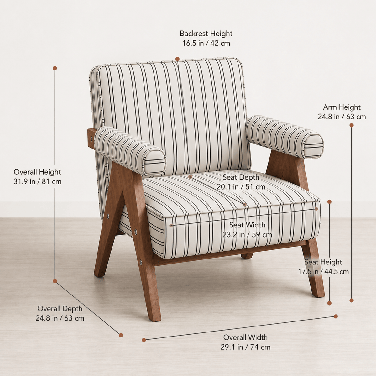 Patterned Accent Chair with Rubberwood Frame — white striped chair dimensions diagram