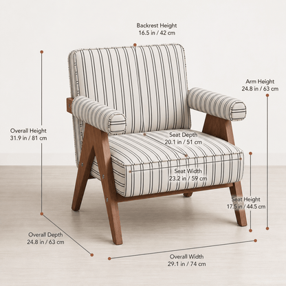 Patterned Accent Chair with Rubberwood Frame — white striped chair dimensions diagram