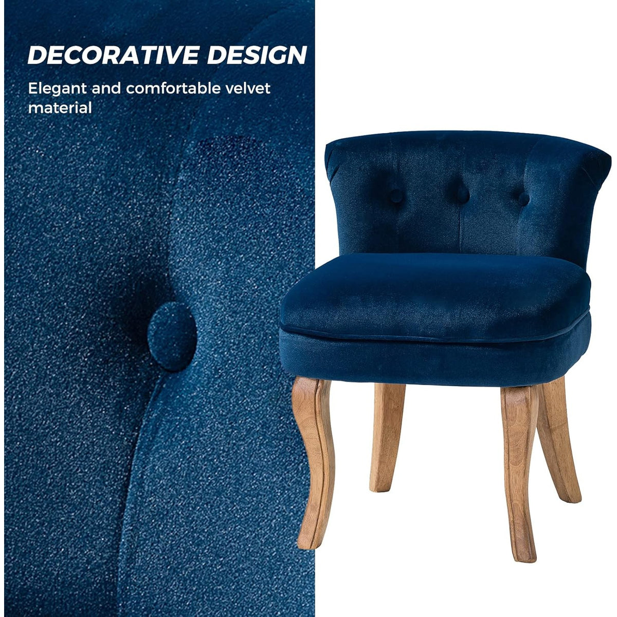Close-up of navy upholstery and three tufted back buttons