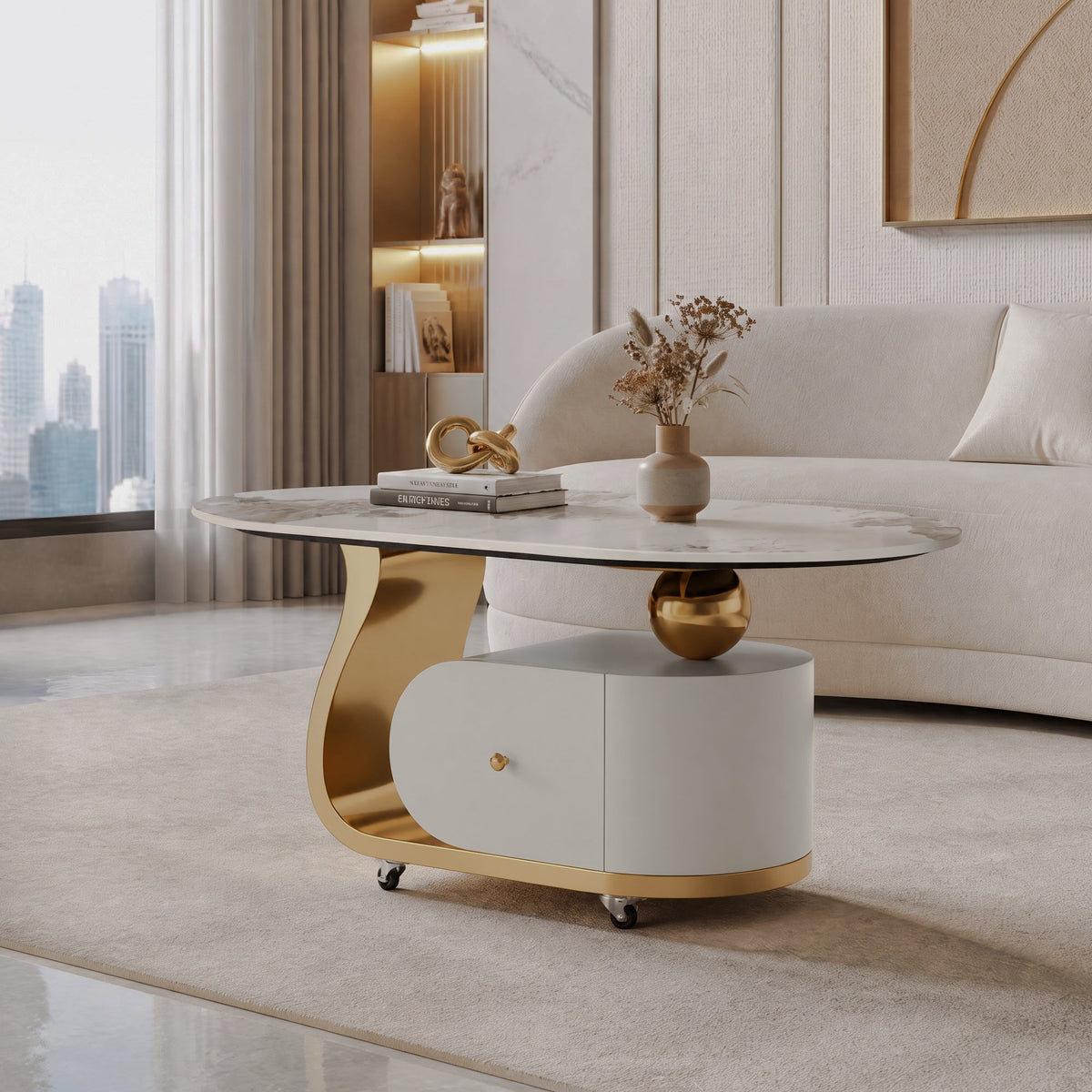 Mobile Sintered-Stone Coffee Table with Storage