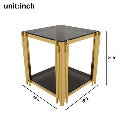 Dimension diagram of a square two-tier end table with dark shelves and a gold-tone frame