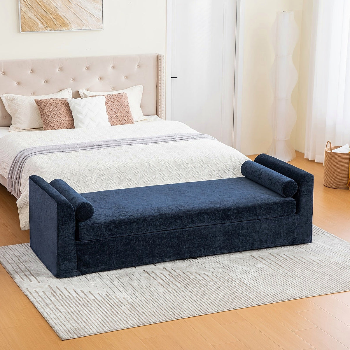 Navy chenille arm bench with padded seat and bolster pillows