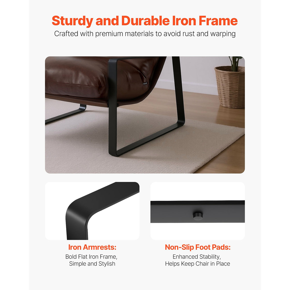 Brown faux leather sling chair with a black iron frame — iron frame detail