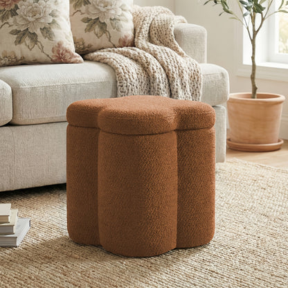 Flower-Petal Chenille Storage Ottoman — warm brown-looking finish beside a sofa, supplier option color unverified