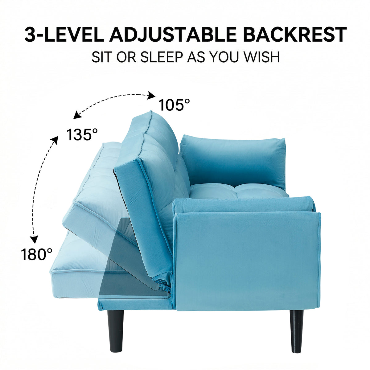 Blue Tufted Convertible Sofa — three-position adjustable back diagram.