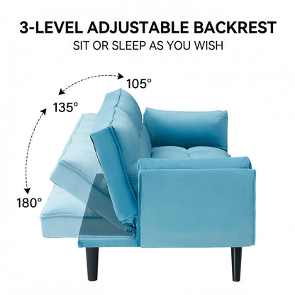 Blue Tufted Convertible Sofa — three-position adjustable back diagram.