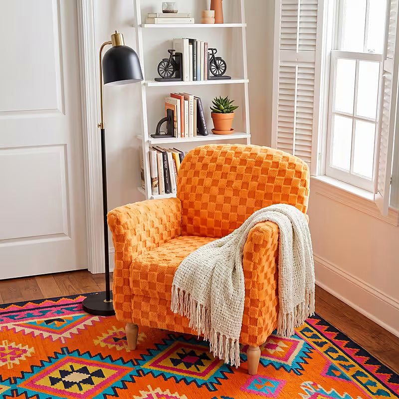 Orange checkerboard corduroy accent armchair with brown wood legs
