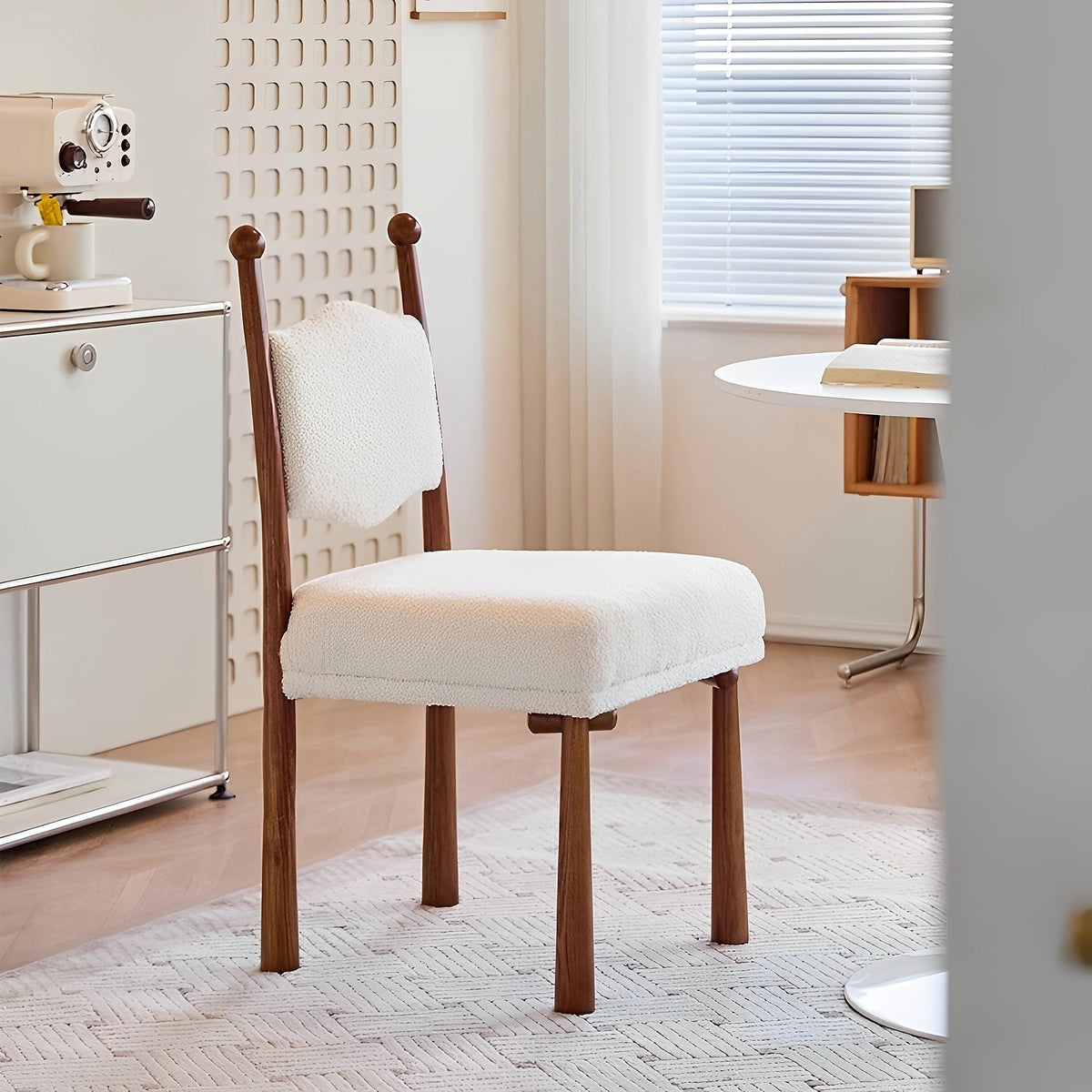 Ivory textured dining chair with a turned wood frame