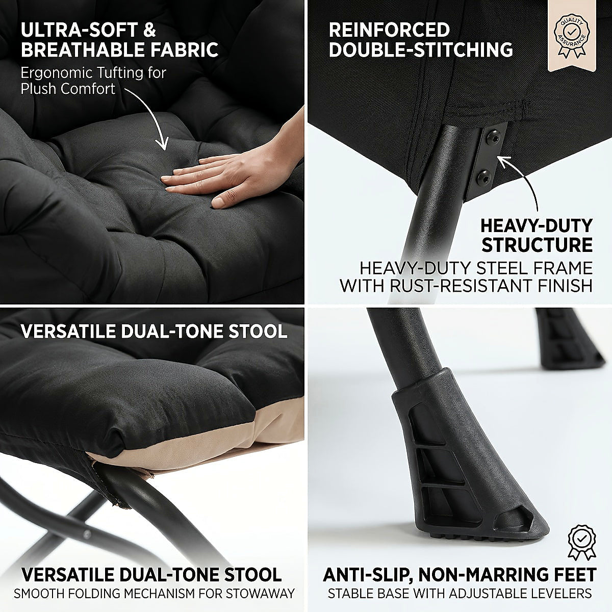 Black cushioned lounge chair and matching footstool with a black metal frame — black metal frame detail