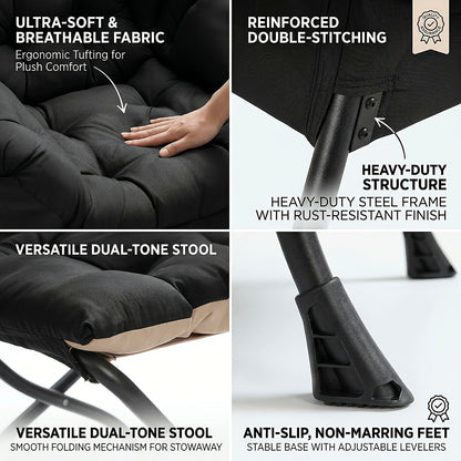 Black cushioned lounge chair and matching footstool with a black metal frame — black metal frame detail