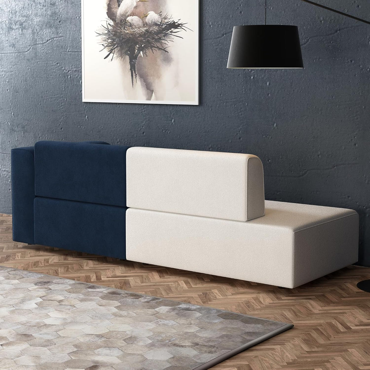 Navy and Ivory Color-Block Sofa — rear view of the two-tone back.