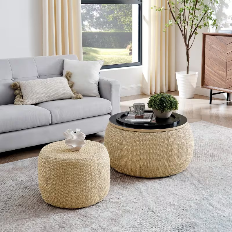 Ottoman set with black reversible lid used as tray