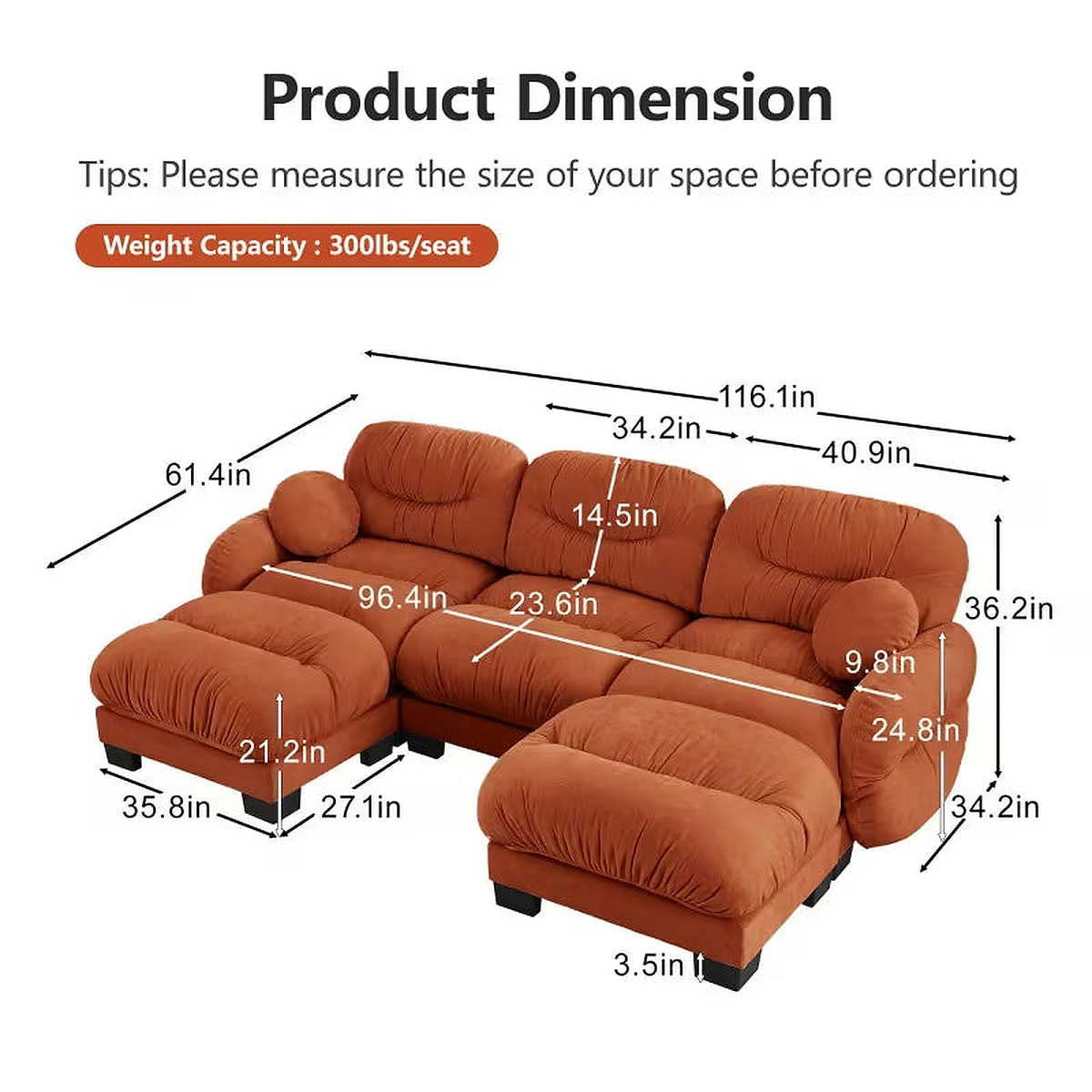 Sienna Orange Chenille 3-Seat U-Shaped Sectional with Ottomans