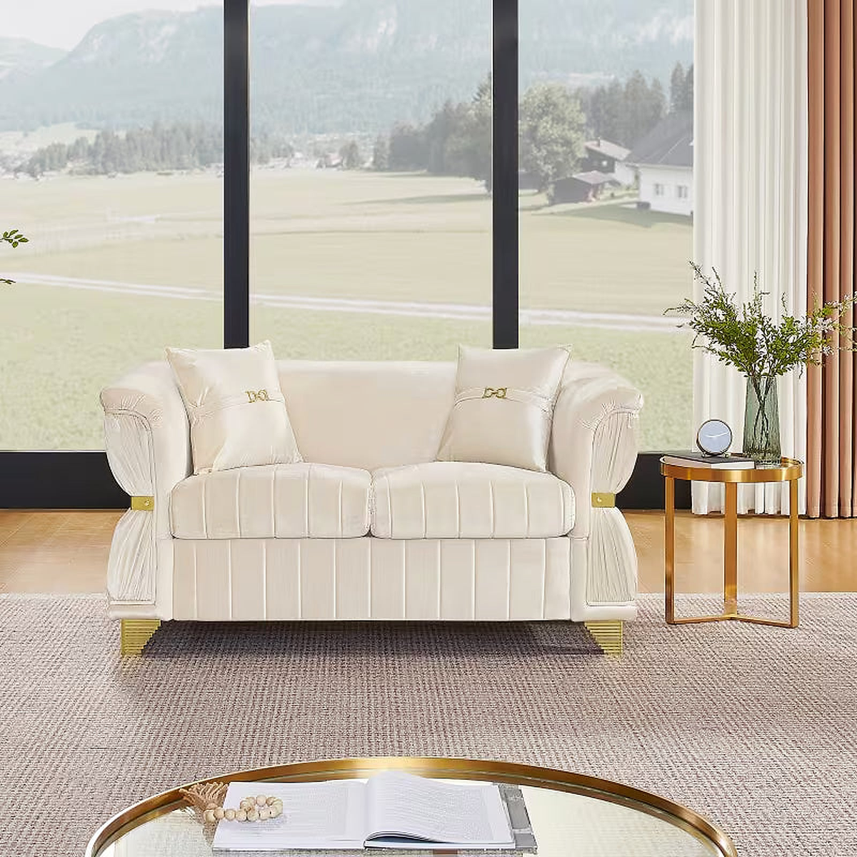 Aurelia 61.8-Inch Beige Velvet Loveseat with Gold-Tone Trim