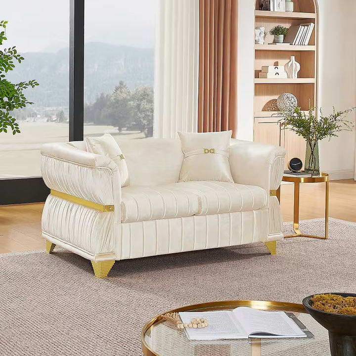 Aurelia 61.8-Inch Beige Velvet Loveseat with Gold-Tone Trim