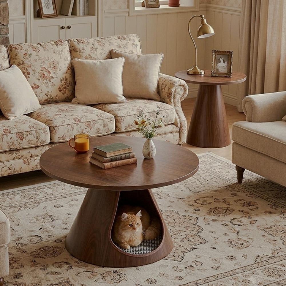 Walnut-Look Nesting Tables with Cat Hideaway, Set of 2