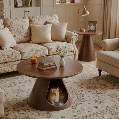 Walnut-Look Nesting Tables with Cat Hideaway, Set of 2